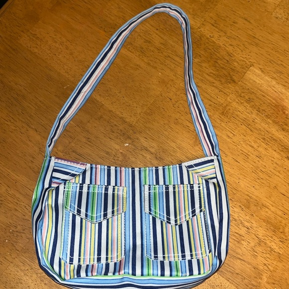 Handbags - Striped Multicolor Pastel Blue White Green Pink Yellow Zippered Shoulder Bag